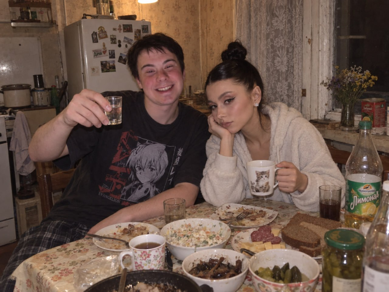 Мы с Дорой ужинаем на дачной кухне. Ей досталась кружка с котёнком, а я опять полез в кадр со своим стаканом.