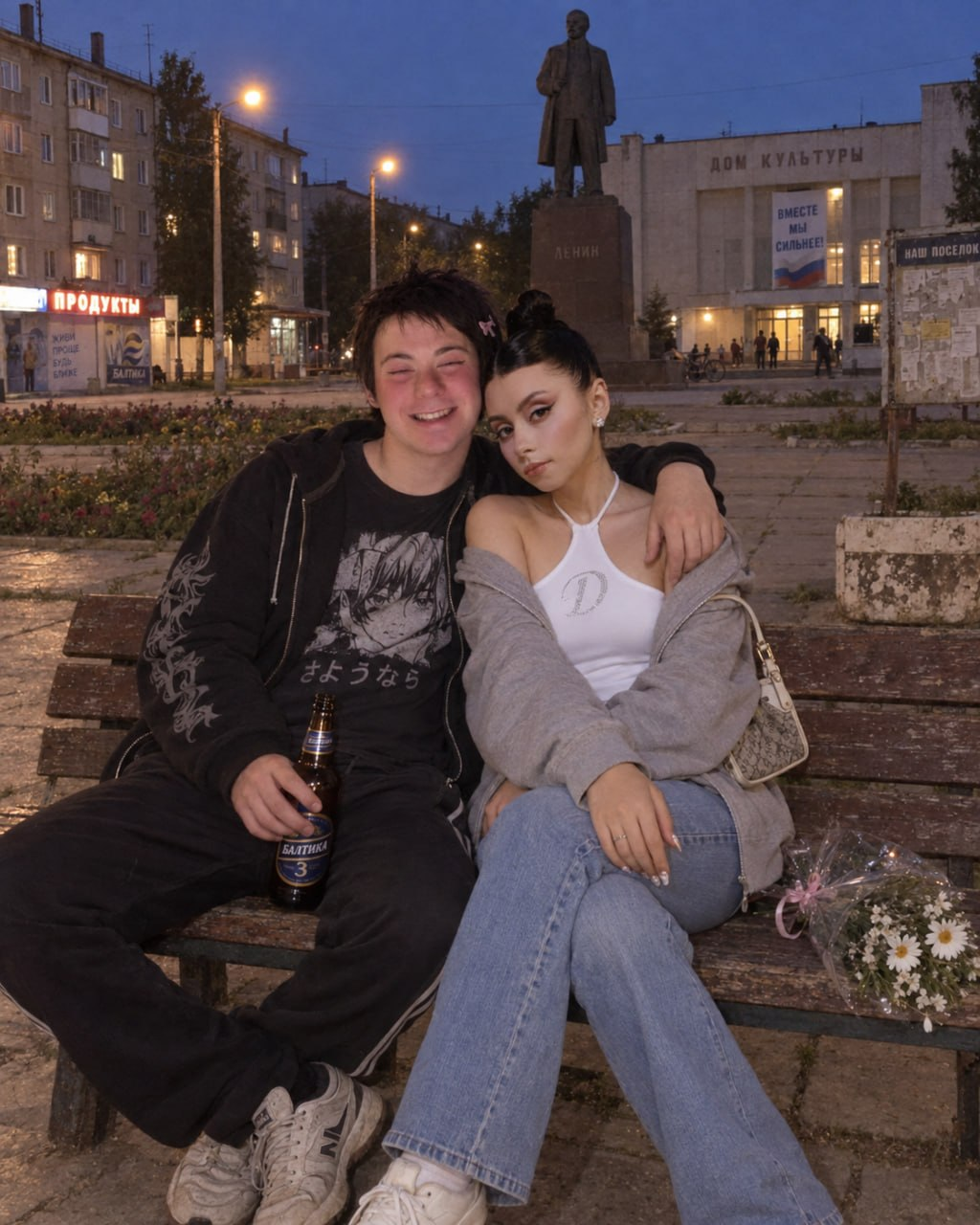 Мы с Дорой на лавочке возле Дома культуры. Ромашки положили рядом, а я слушал музыку из открытой двери и боялся предложения потанцевать.